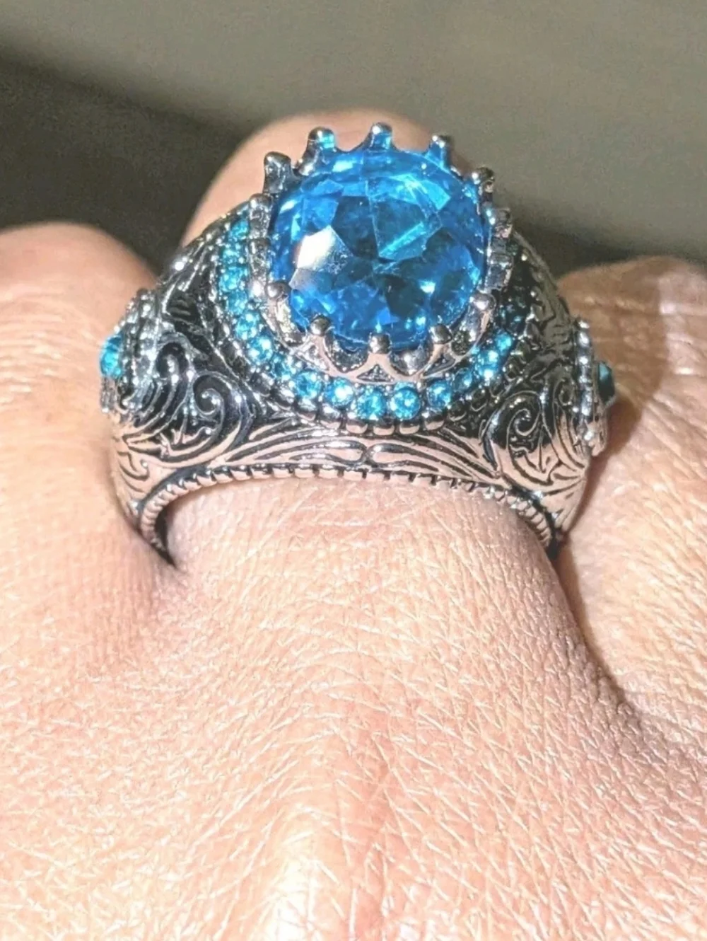 Men's Turkish Vintage Style Ring Silver Plated 5 Ct Lab-Created Sapphire Sz 10